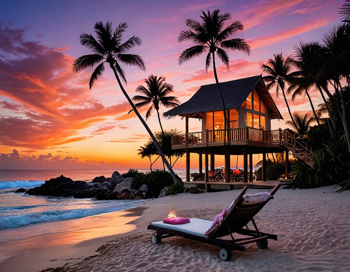 A serene beach scene at sunset, featuring a luxurious rental villa surrounded by lush palm trees and a tranquil ocean view. Incorporate vibrant colors that reflect the warmth of a tropical getaway, with soft waves gently lapping at the shore. Include decorative elements like hammocks, beach umbrellas, and a glowing bonfire to evoke a sense of relaxation and escape. The sky should be painted in hues of orange and pink to enhance the idyllic atmosphere. super-realistic. vibrant colors. peaceful ambiance.