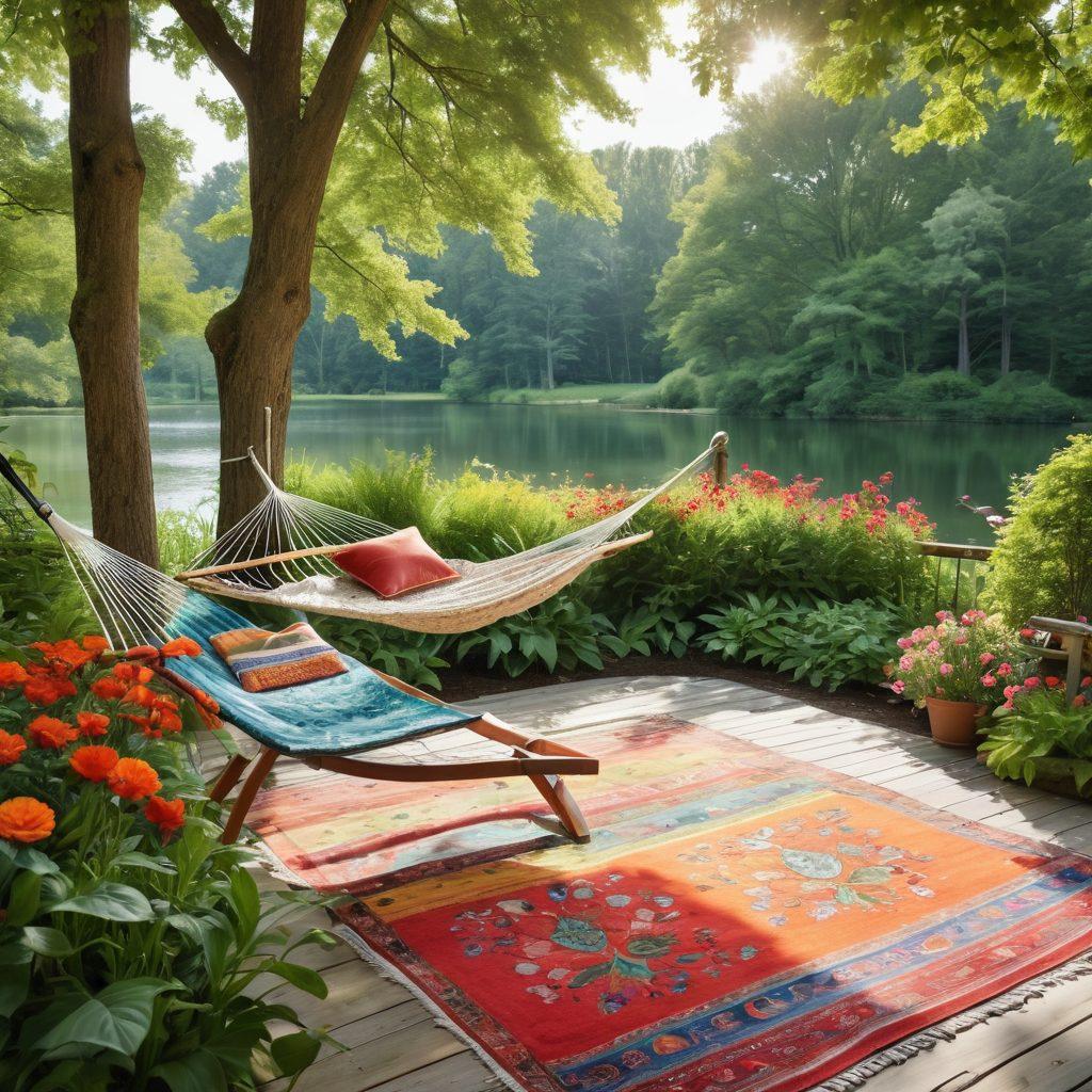 A picturesque summer retreat featuring a cozy, inviting vacation home surrounded by lush greenery and vibrant flowers, with a serene lake in the background. Sunlight filters through the trees, casting dappled shadows on a hammock swaying gently in the breeze. Include elements of relaxation like a deck chair with a refreshing drink nearby and a family enjoying a picnic. Capture the essence of ultimate relaxation in a warm, welcoming atmosphere. super-realistic. vibrant colors. peaceful setting.