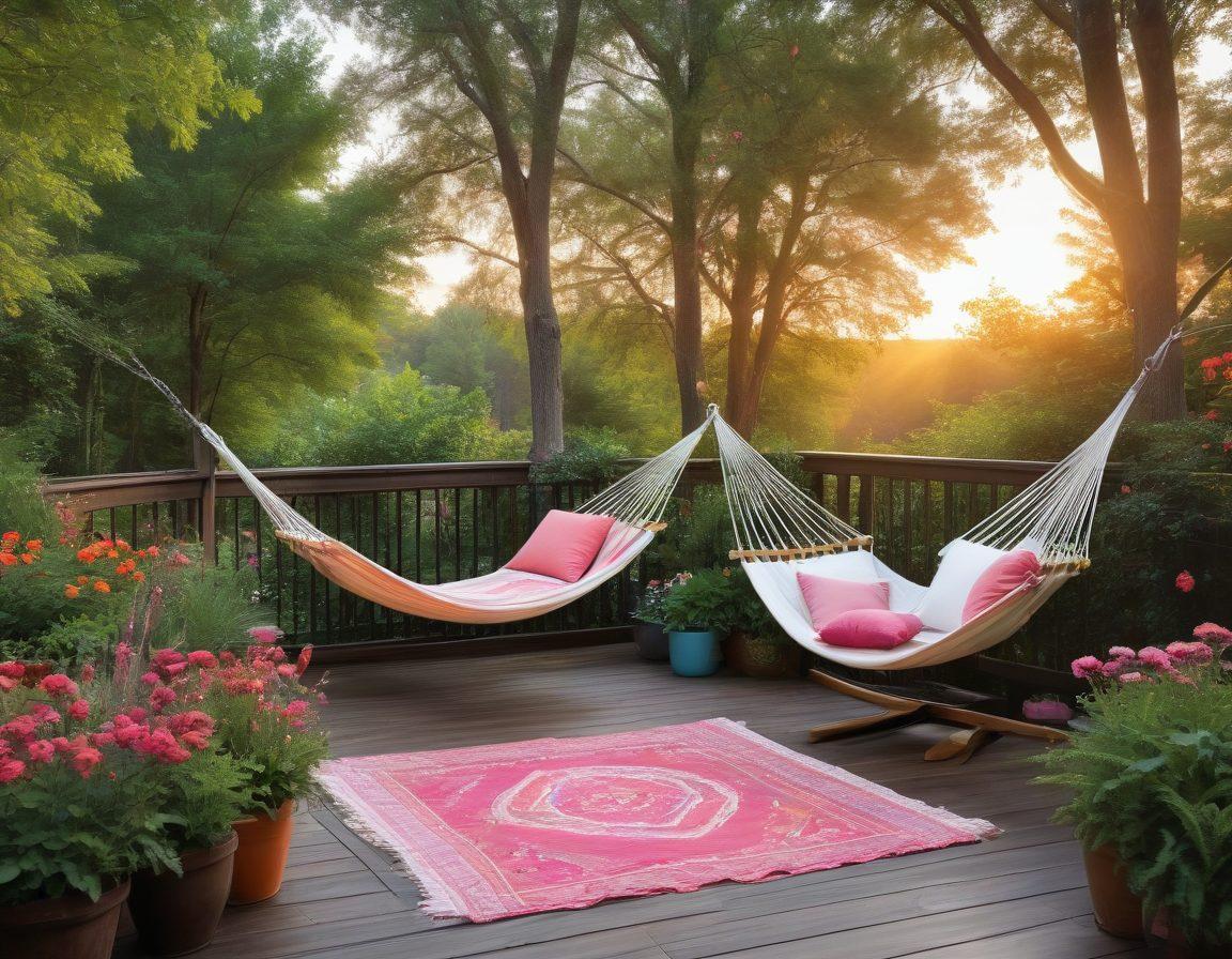 A serene outdoor setting featuring a cozy family retreat with a wooden deck, surrounded by lush green trees and colorful flowers. Include comfortable seating, a fire pit, and a hammock, all bathed in warm sunlight. The sky should showcase a stunning sunset with hues of orange and pink. Kids playing nearby, creating a joyful atmosphere. super-realistic. vibrant colors.